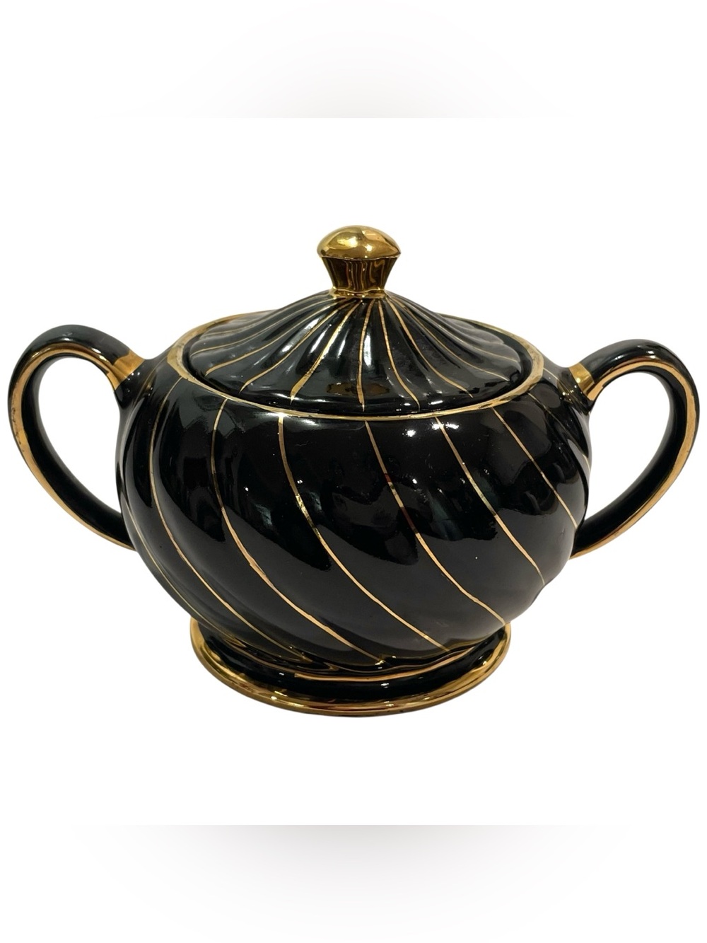 Vintage 1930s Sadler England Black and Gold Swirl Sugar Bowl - Art Deco 1745